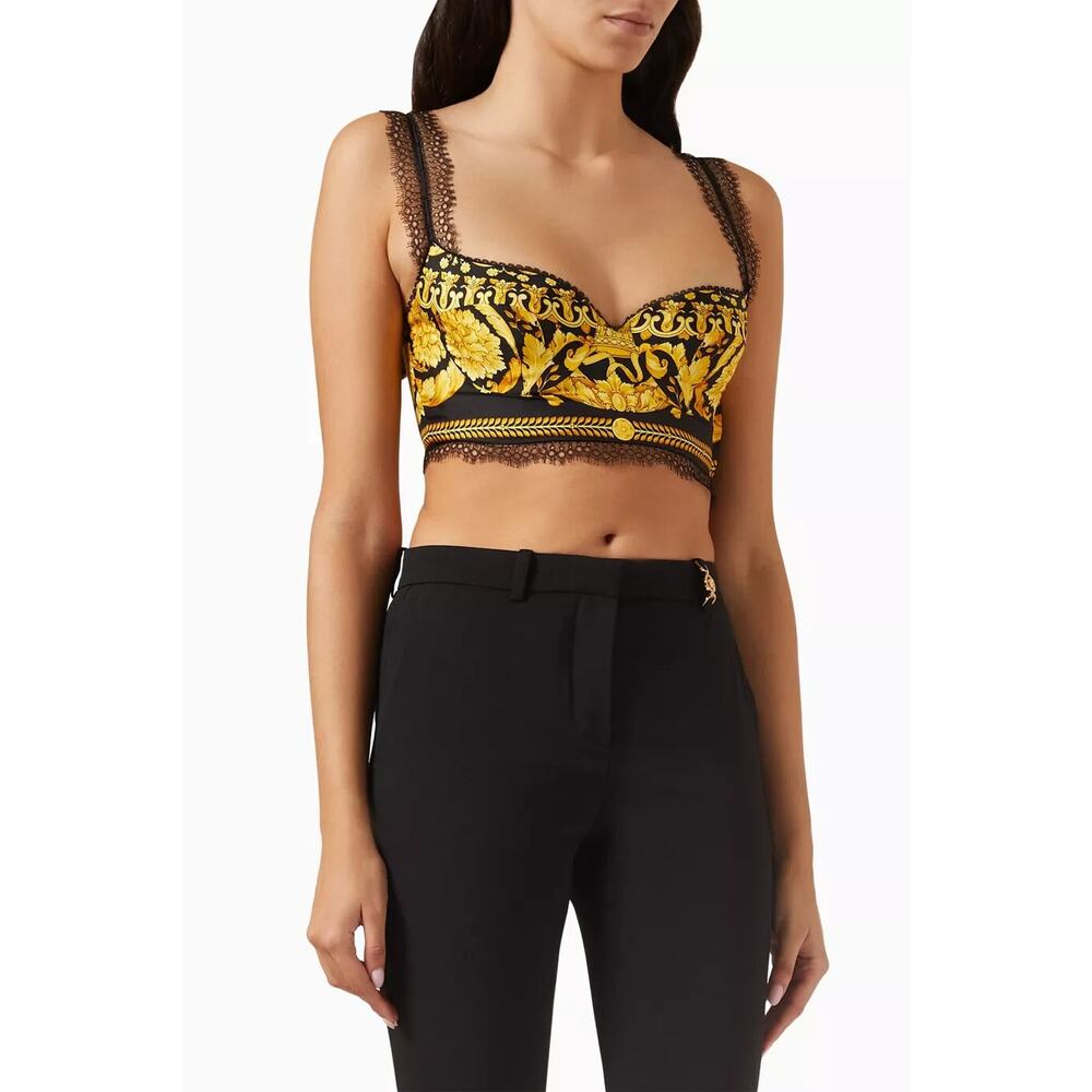 NWT Versace Silk Bralette Crop Top 38 US 2 XS Black Barocco Lace-Trimmed $1,190